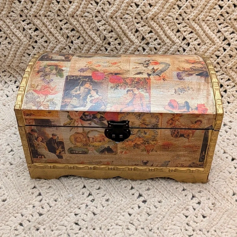 Vintage Style Decoupage Wooden Treasure Chest Jewelry Keepsake Box Gold Trim